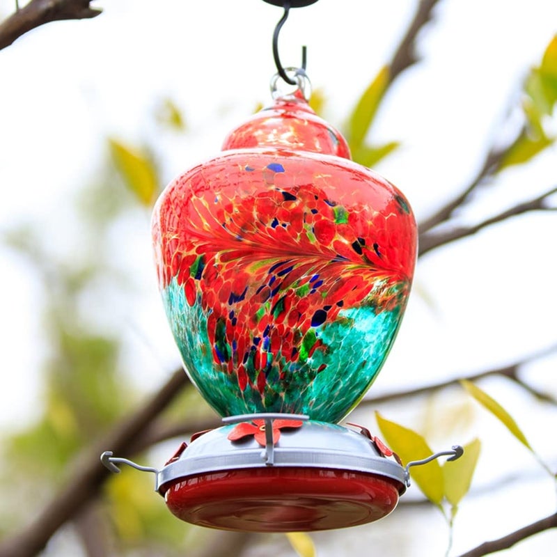 REZIPO Hummingbird Feeder with Perch - Hand Blown Glass - 38 Fluid Ounces Hummingbird Nectar Capacity Include Hanging Wires and Moat Hook (Red-Green) - Image 2
